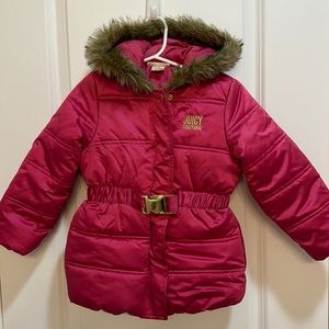 3T Juicy Couture Hot Pink Puffer Coat with Faux Fur Trim